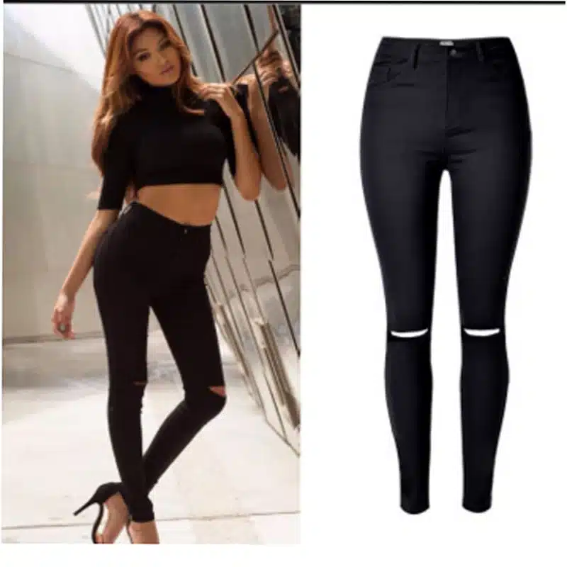 2016 High Quality Women High Waist Stretch Ripped Knees Jeans Skinny Denim Jean Pants Woman Black 6
