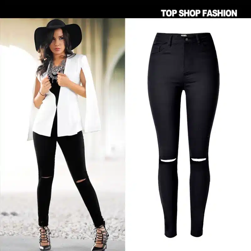 2016 High Quality Women High Waist Stretch Ripped Knees Jeans Skinny Denim Jean Pants Woman Black 7