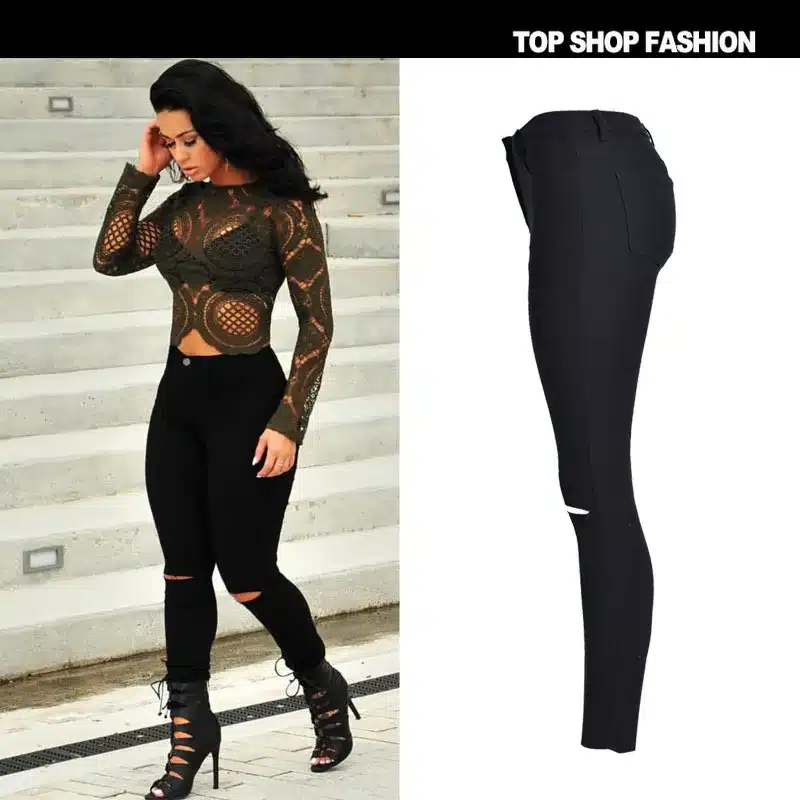 2016 High Quality Women High Waist Stretch Ripped Knees Jeans Skinny Denim Jean Pants Woman Black 9