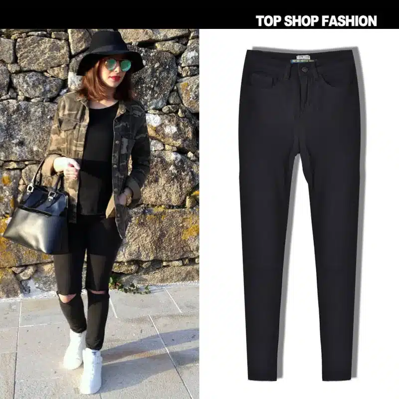 2016 High Quality Women High Waist Stretch Ripped Knees Jeans Skinny Denim Jean Pants Woman Black 10