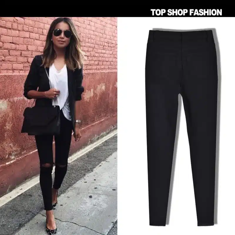 2016 High Quality Women High Waist Stretch Ripped Knees Jeans Skinny Denim Jean Pants Woman Black 11