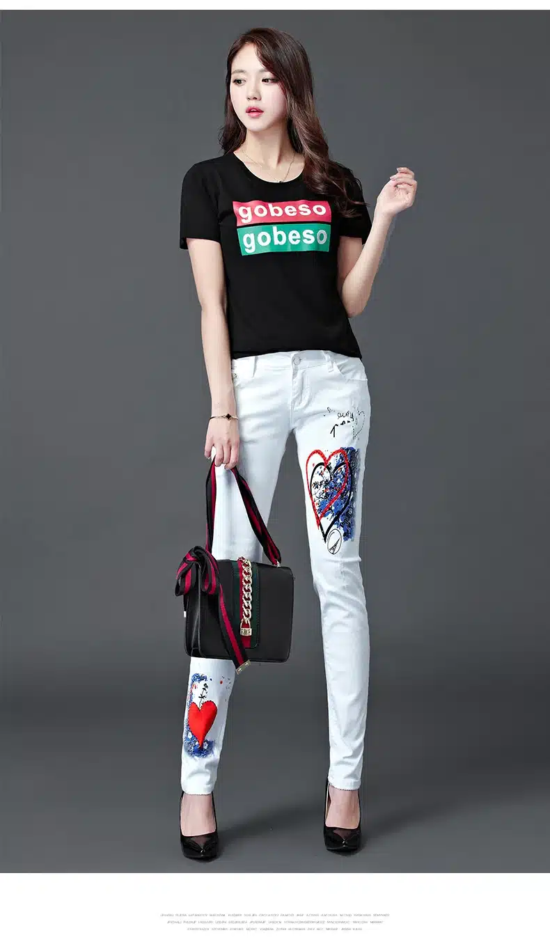 Dongdongta 2017 Summer New Jeans Women Girls Female Fashion Painted White Color Mid Waist Skinny Pencil Pants Full Length Jeans 10