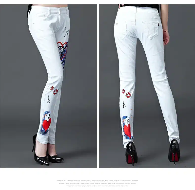 Dongdongta 2017 Summer New Jeans Women Girls Female Fashion Painted White Color Mid Waist Skinny Pencil Pants Full Length Jeans 12