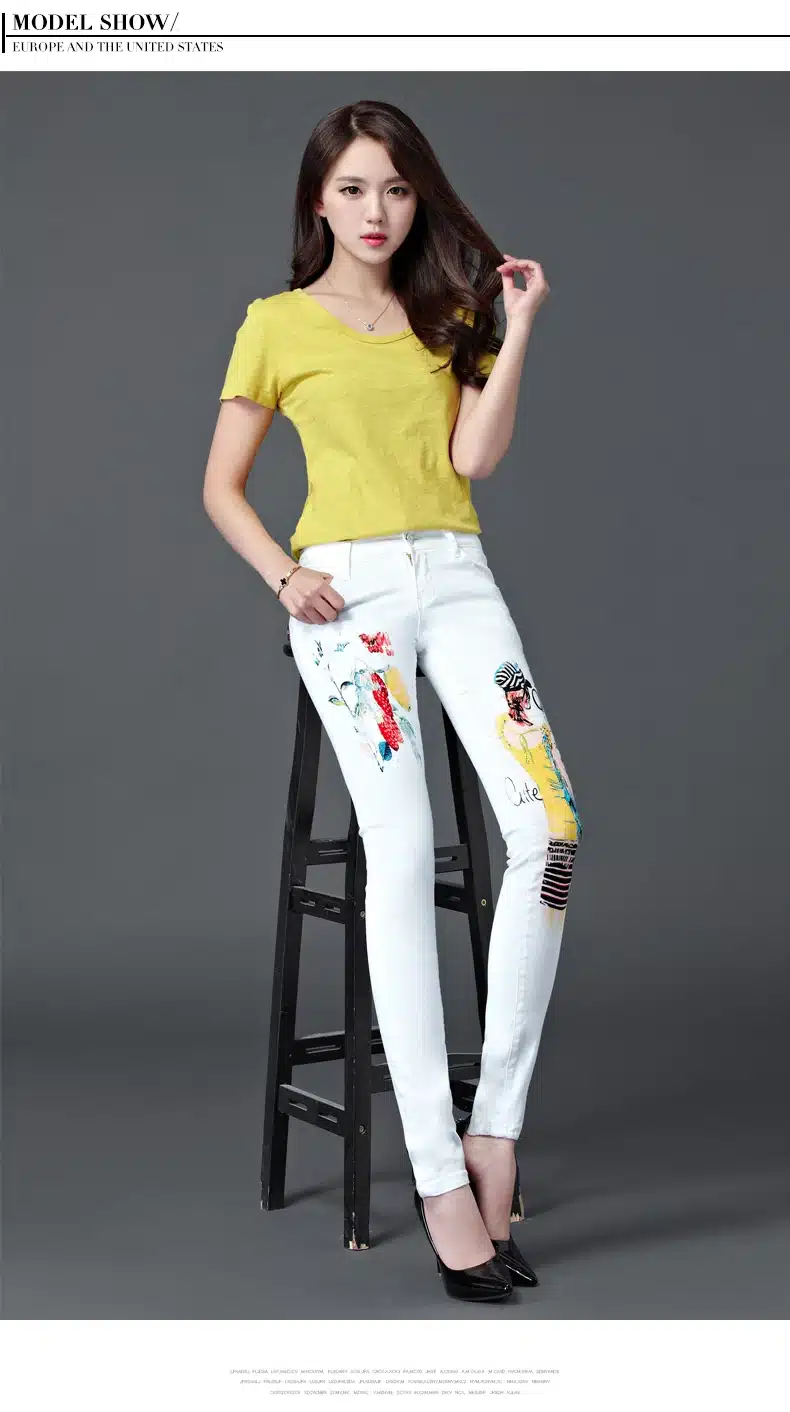 Dongdongta New Women Girls Jeans 2017 Original Design White Color Fashion Skinny Pencil Pants Mid Waist Full Length Cotton Jeans 8