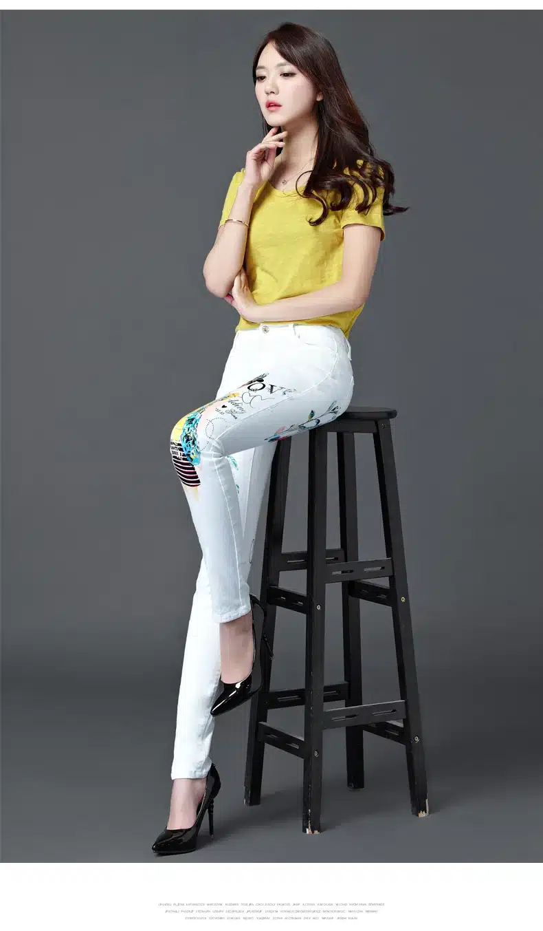 Dongdongta New Women Girls Jeans 2017 Original Design White Color Fashion Skinny Pencil Pants Mid Waist Full Length Cotton Jeans 9