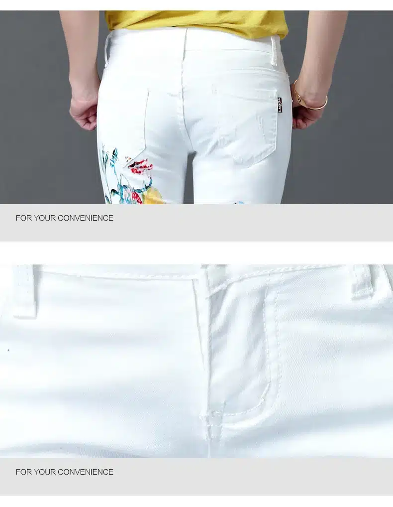 Dongdongta New Women Girls Jeans 2017 Original Design White Color Fashion Skinny Pencil Pants Mid Waist Full Length Cotton Jeans 14