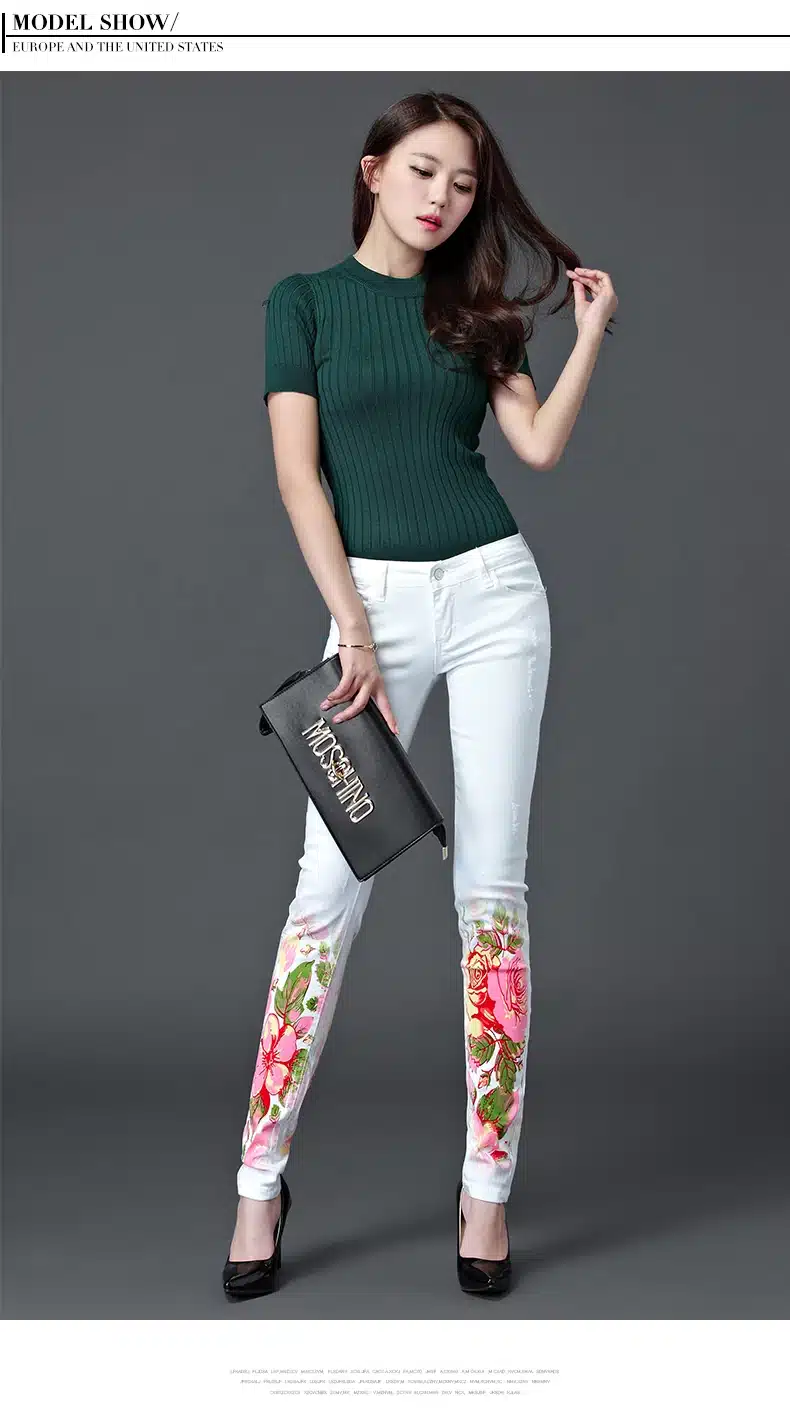 Dongdongta New Women 2017 Fashion Jeans Original Design Summer Skinny Mid Waist Full Length Pencil Pants Painted Washed Jeans 8