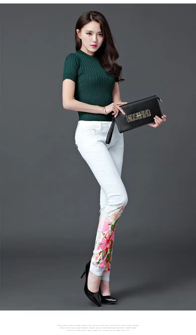 Dongdongta New Women 2017 Fashion Jeans Original Design Summer Skinny Mid Waist Full Length Pencil Pants Painted Washed Jeans 9