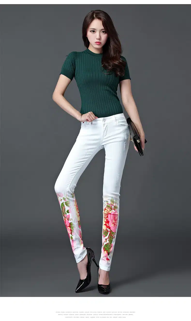 Dongdongta New Women 2017 Fashion Jeans Original Design Summer Skinny Mid Waist Full Length Pencil Pants Painted Washed Jeans 10