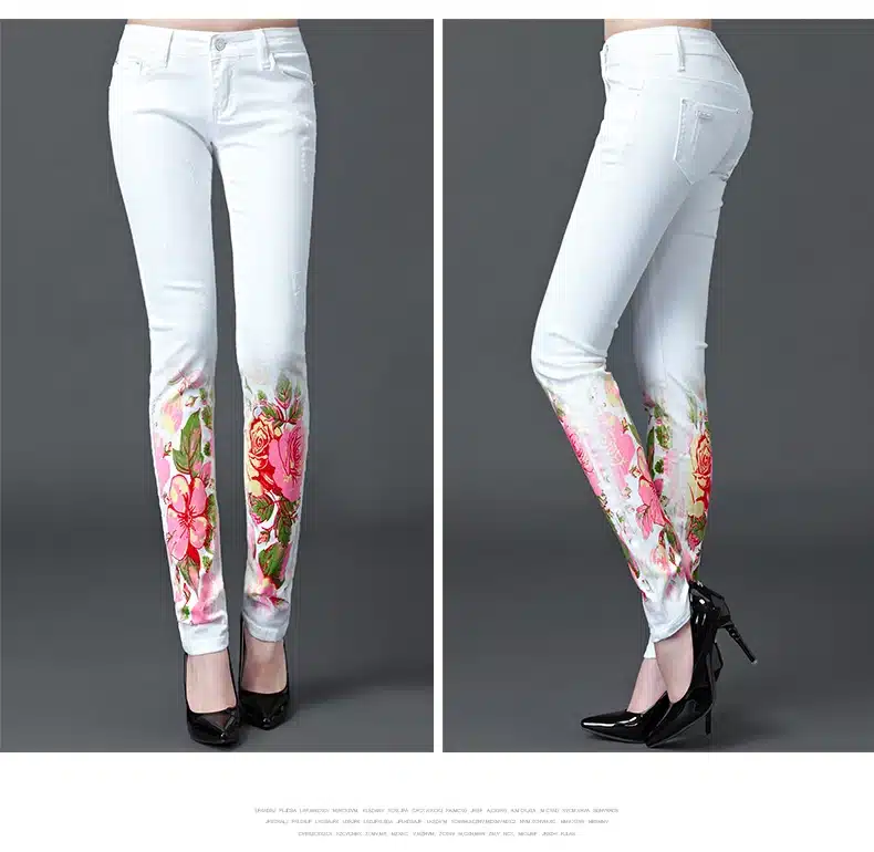 Dongdongta New Women 2017 Fashion Jeans Original Design Summer Skinny Mid Waist Full Length Pencil Pants Painted Washed Jeans 11