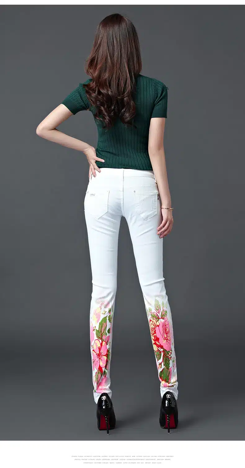 Dongdongta New Women 2017 Fashion Jeans Original Design Summer Skinny Mid Waist Full Length Pencil Pants Painted Washed Jeans 12