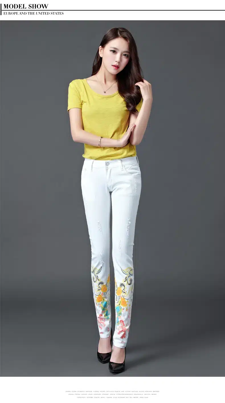 Dongdongta Women Girls White Color Jeans 2017 New Design Summer Original Design Full Length Cotton Mid Waist Skinny Pencil Pants 8