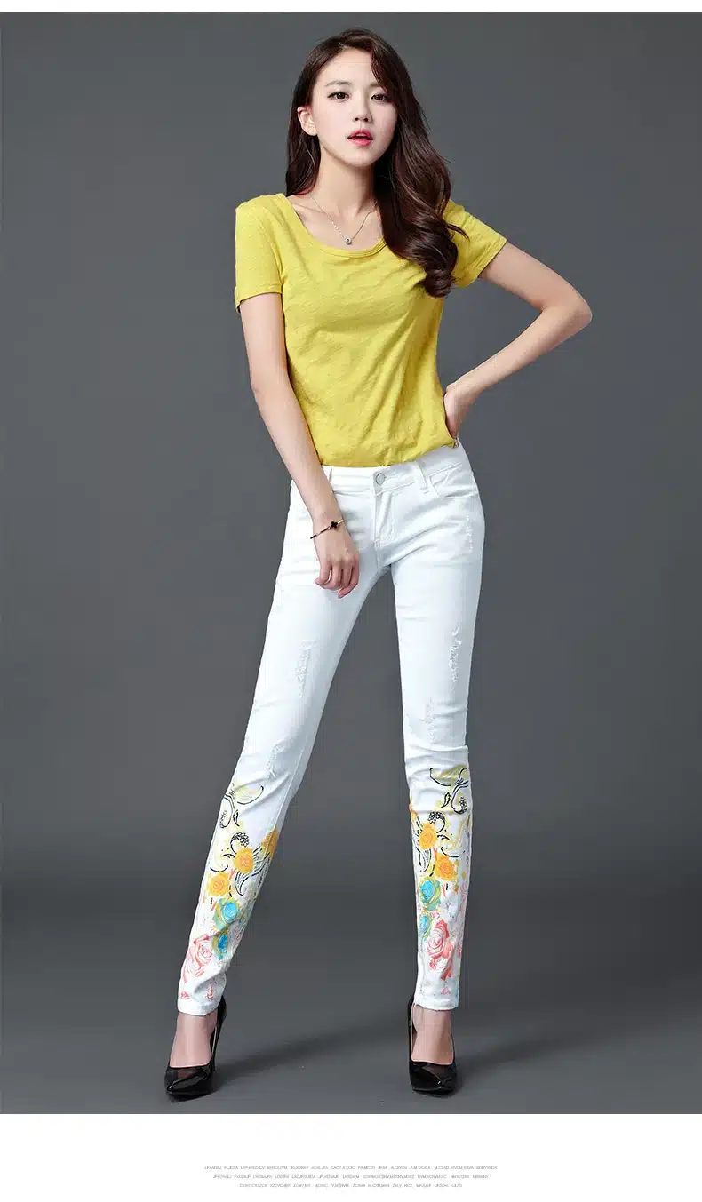 Dongdongta Women Girls White Color Jeans 2017 New Design Summer Original Design Full Length Cotton Mid Waist Skinny Pencil Pants 9