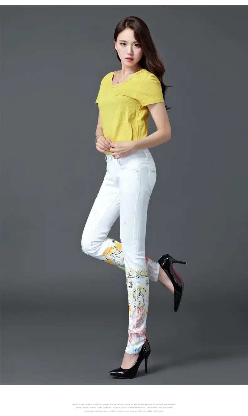 Dongdongta Women Girls White Color Jeans 2017 New Design Summer Original Design Full Length Cotton Mid Waist Skinny Pencil Pants 10