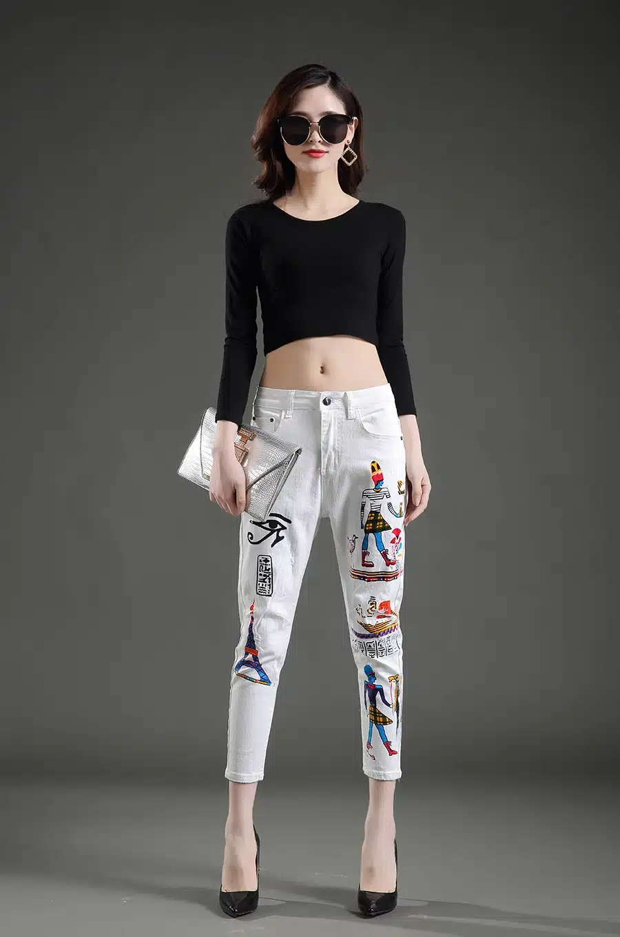 Dongdongta New Women Cross-pants 2017 New Original Design Summer Ankle-Length Pants Mid Waist Painted Washed Fashion Girls Jeans 8
