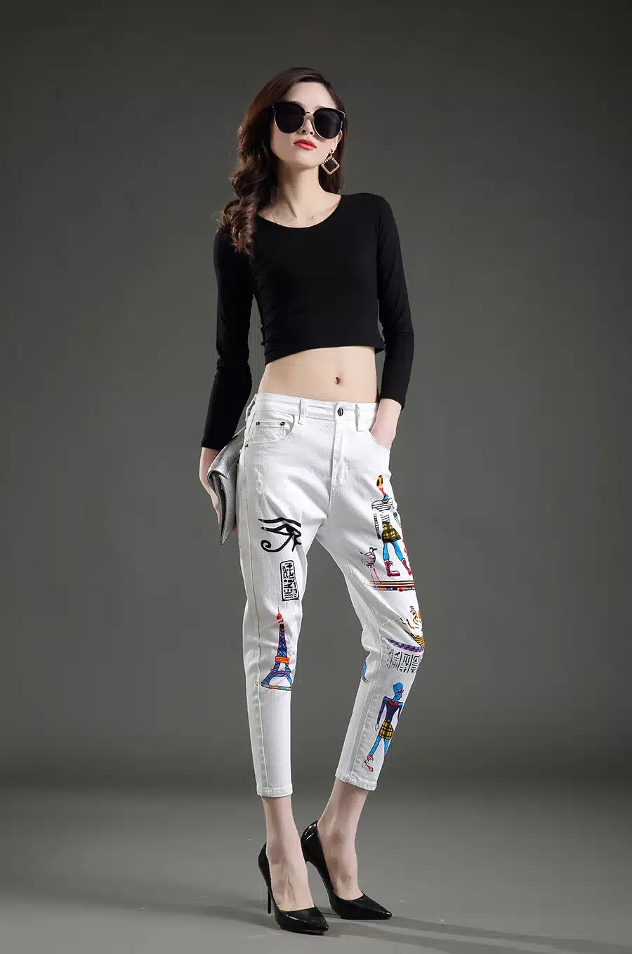 Dongdongta New Women Cross-pants 2017 New Original Design Summer Ankle-Length Pants Mid Waist Painted Washed Fashion Girls Jeans 9