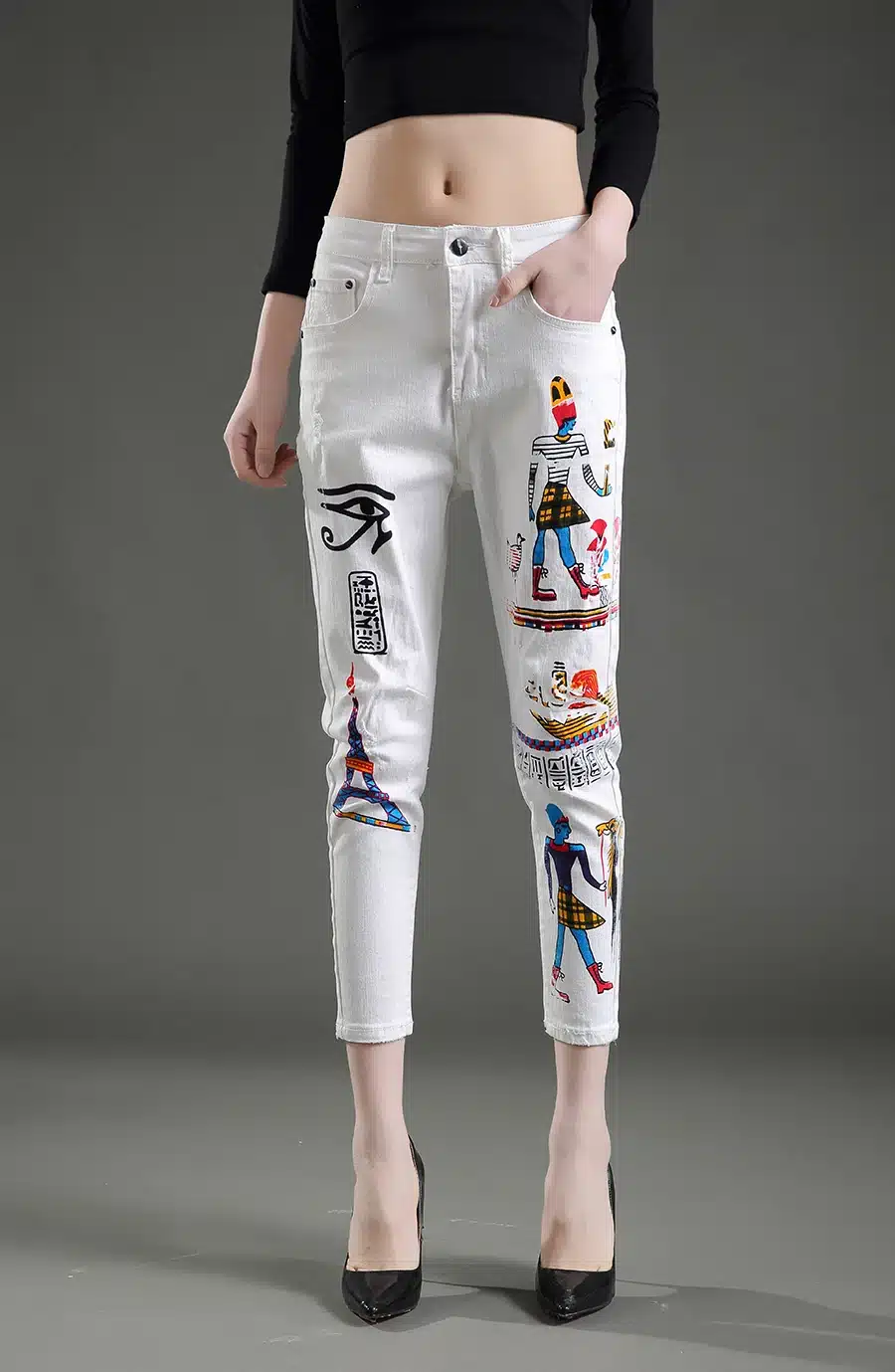 Dongdongta New Women Cross-pants 2017 New Original Design Summer Ankle-Length Pants Mid Waist Painted Washed Fashion Girls Jeans 11