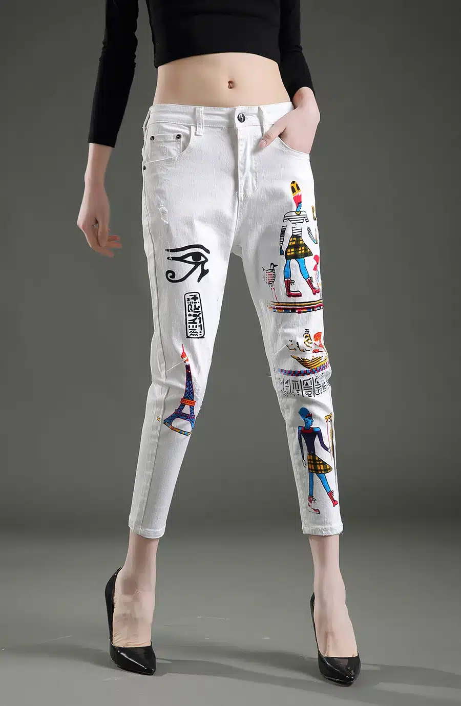 Dongdongta New Women Cross-pants 2017 New Original Design Summer Ankle-Length Pants Mid Waist Painted Washed Fashion Girls Jeans 13