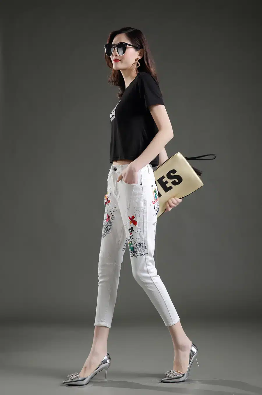 Dongdongta Women Cross-pants 2017 New Original Design Mid Waist Painted Washed Pattern Fashion Summer Girls Female Cotton Jeans 10