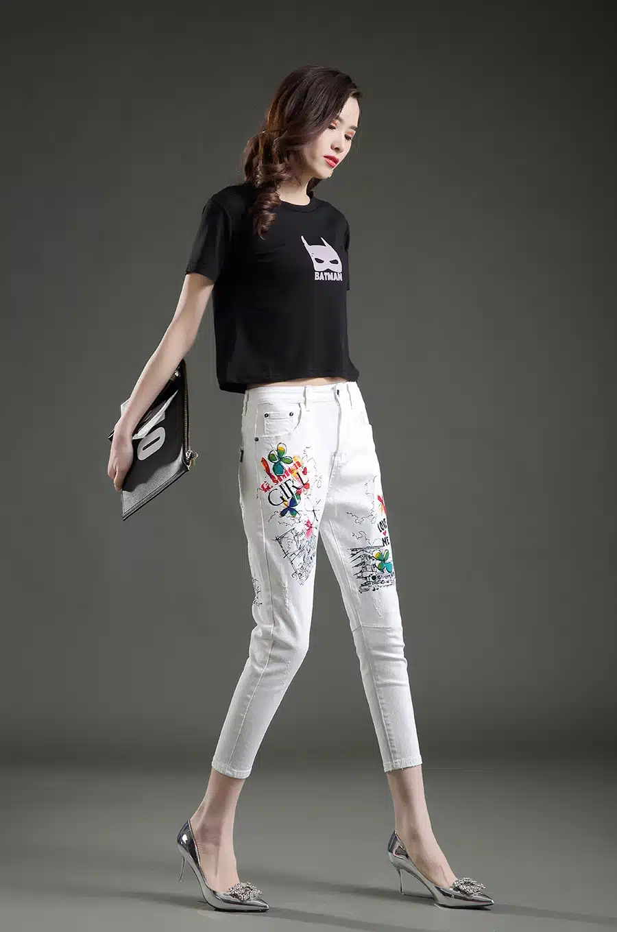Dongdongta Women Cross-pants 2017 New Original Design Mid Waist Painted Washed Pattern Fashion Summer Girls Female Cotton Jeans 11
