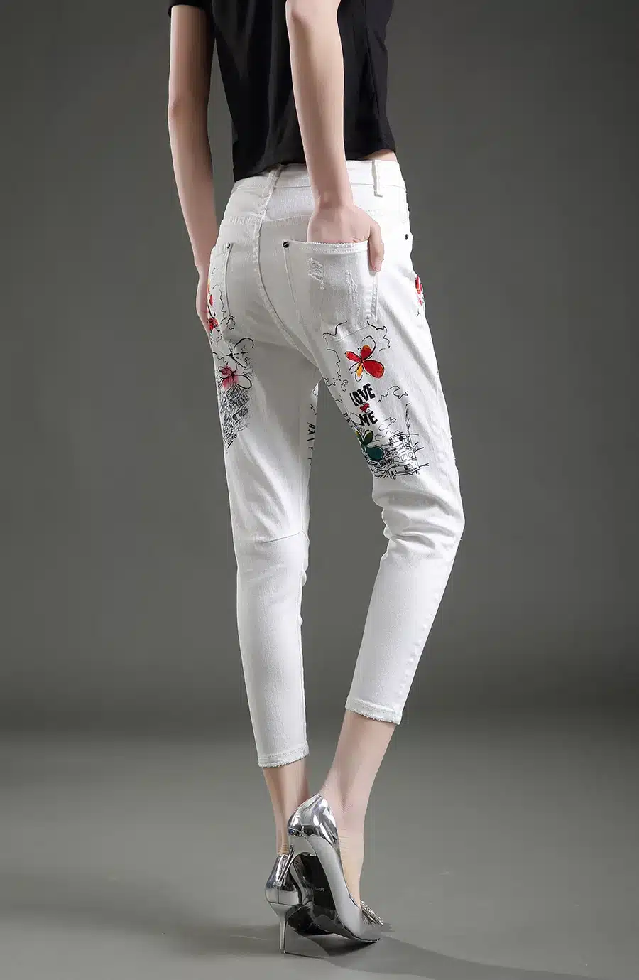 Dongdongta Women Cross-pants 2017 New Original Design Mid Waist Painted Washed Pattern Fashion Summer Girls Female Cotton Jeans 13