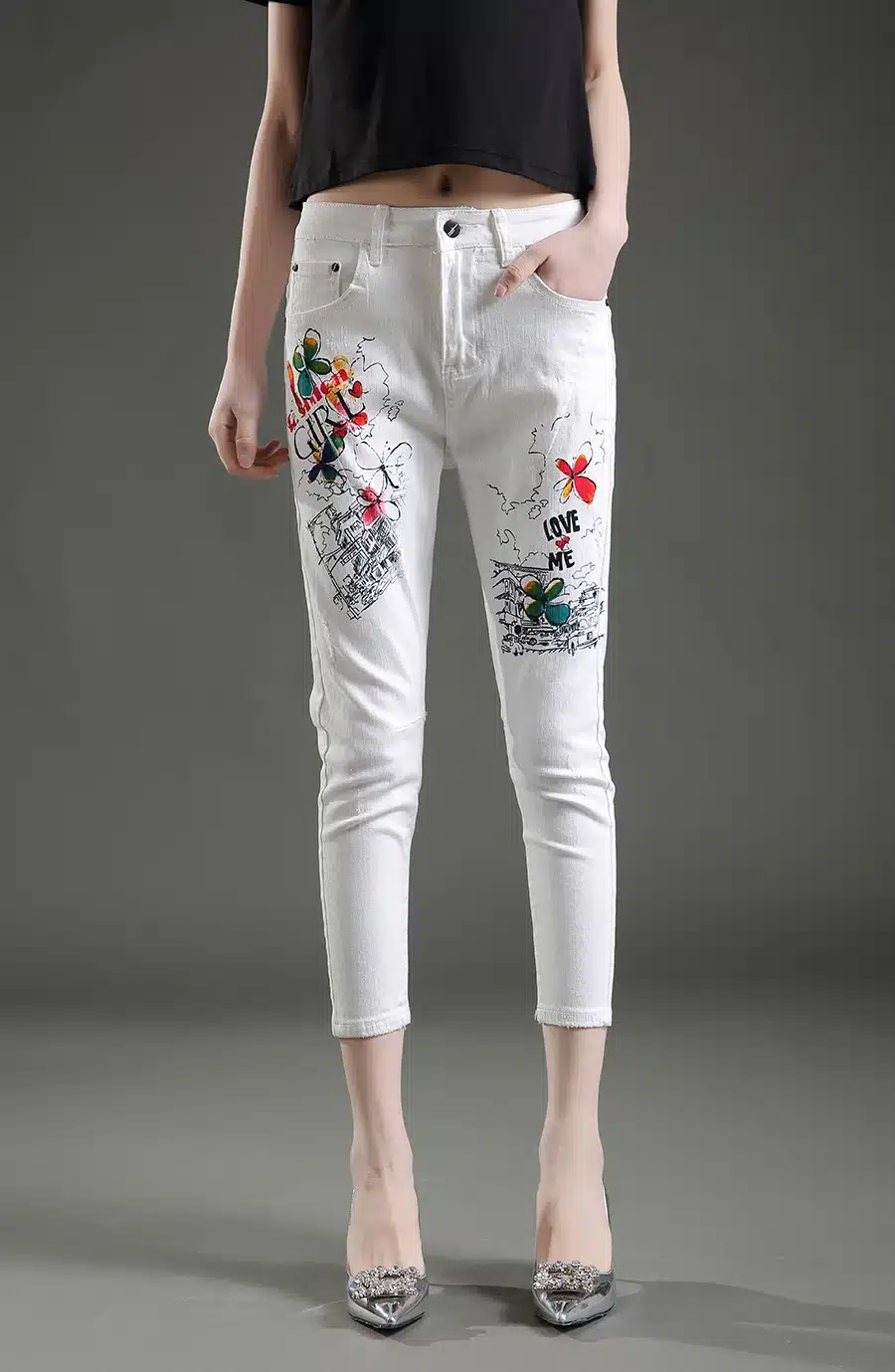 Dongdongta Women Cross-pants 2017 New Original Design Mid Waist Painted Washed Pattern Fashion Summer Girls Female Cotton Jeans 14