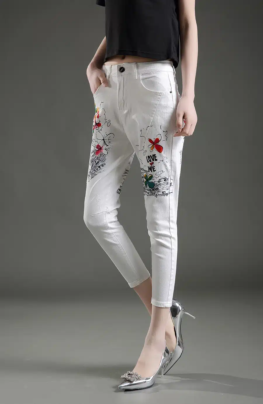 Dongdongta Women Cross-pants 2017 New Original Design Mid Waist Painted Washed Pattern Fashion Summer Girls Female Cotton Jeans 15