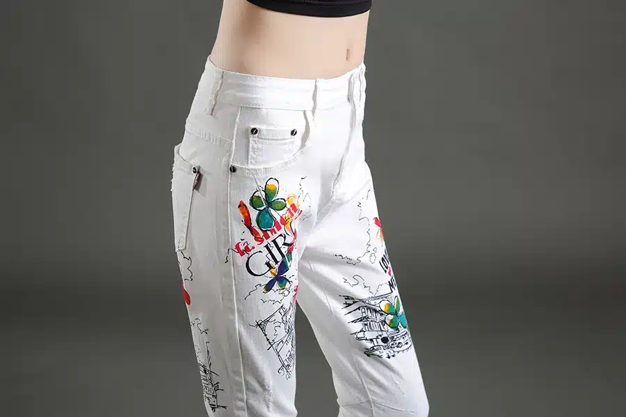 Dongdongta Women Cross-pants 2017 New Original Design Mid Waist Painted Washed Pattern Fashion Summer Girls Female Cotton Jeans 18