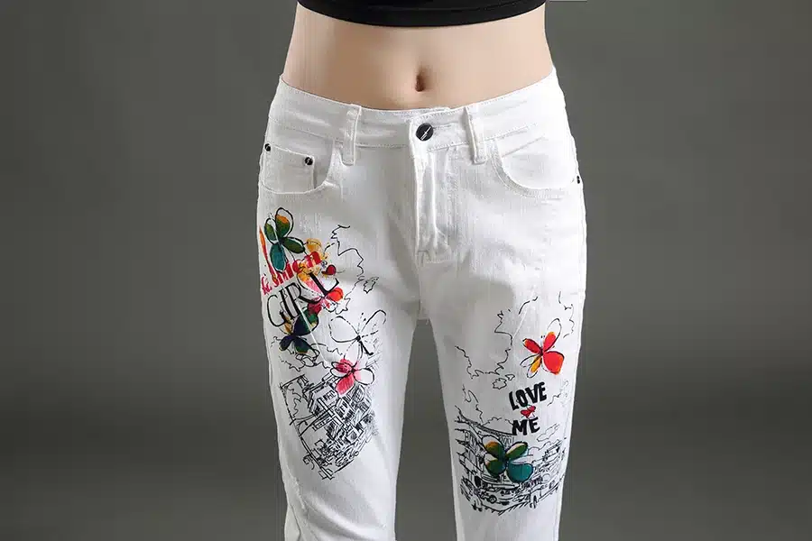 Dongdongta Women Cross-pants 2017 New Original Design Mid Waist Painted Washed Pattern Fashion Summer Girls Female Cotton Jeans 17