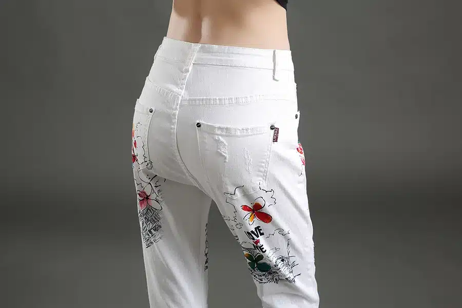 Dongdongta Women Cross-pants 2017 New Original Design Mid Waist Painted Washed Pattern Fashion Summer Girls Female Cotton Jeans 19