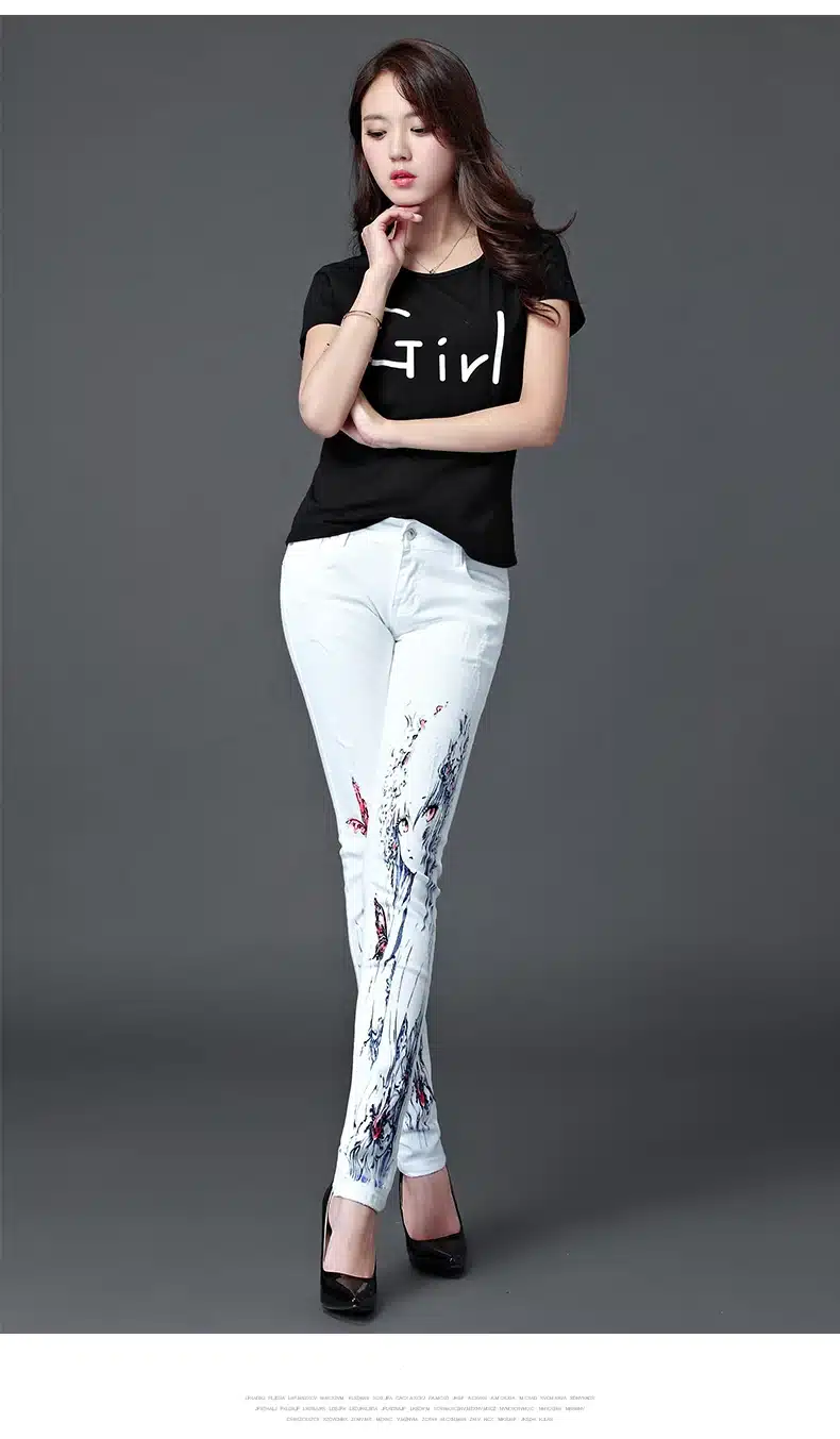 Dongdongta Girls Women 2017 Fashion Pencil Pants White Color Skinny New Summer Mid Waist Full Length Cotton Painted Washed Jeans 10