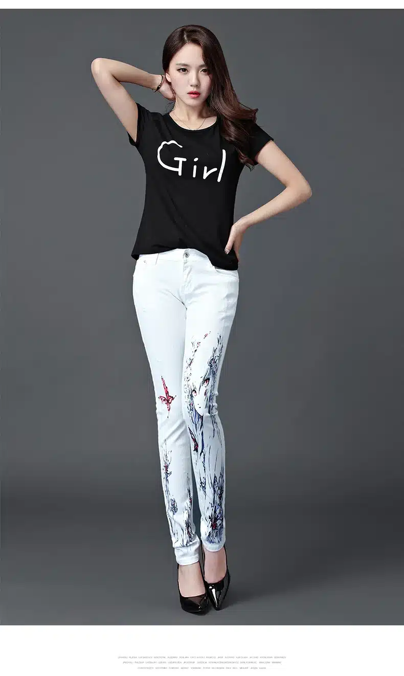 Dongdongta Girls Women 2017 Fashion Pencil Pants White Color Skinny New Summer Mid Waist Full Length Cotton Painted Washed Jeans 11