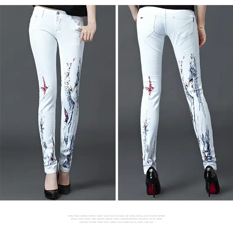 Dongdongta Girls Women 2017 Fashion Pencil Pants White Color Skinny New Summer Mid Waist Full Length Cotton Painted Washed Jeans 12