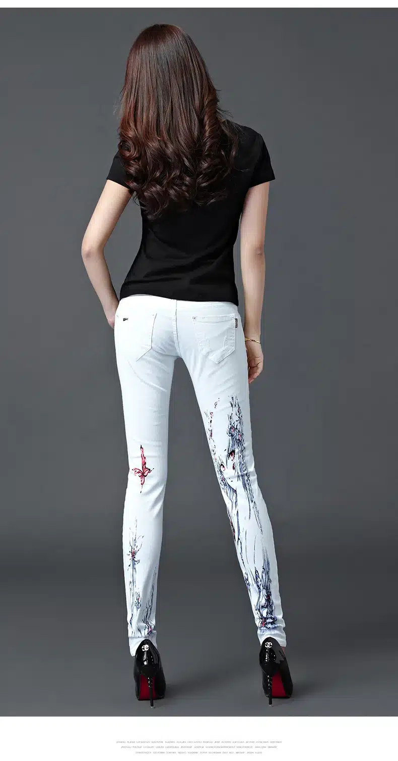 Dongdongta Girls Women 2017 Fashion Pencil Pants White Color Skinny New Summer Mid Waist Full Length Cotton Painted Washed Jeans 13