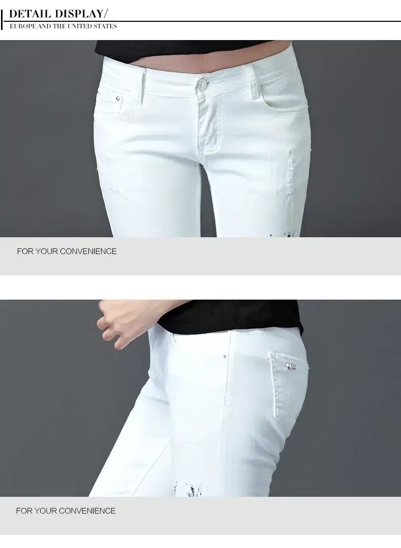 Dongdongta Girls Women 2017 Fashion Pencil Pants White Color Skinny New Summer Mid Waist Full Length Cotton Painted Washed Jeans 14