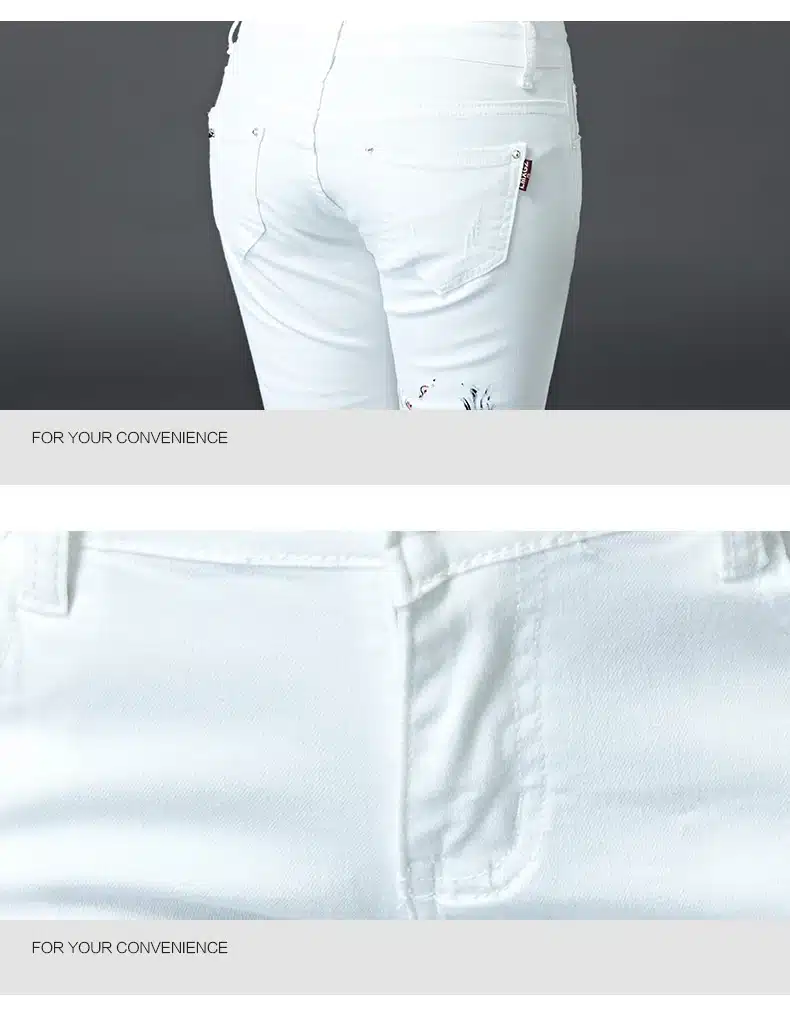 Dongdongta Girls Women 2017 Fashion Pencil Pants White Color Skinny New Summer Mid Waist Full Length Cotton Painted Washed Jeans 15