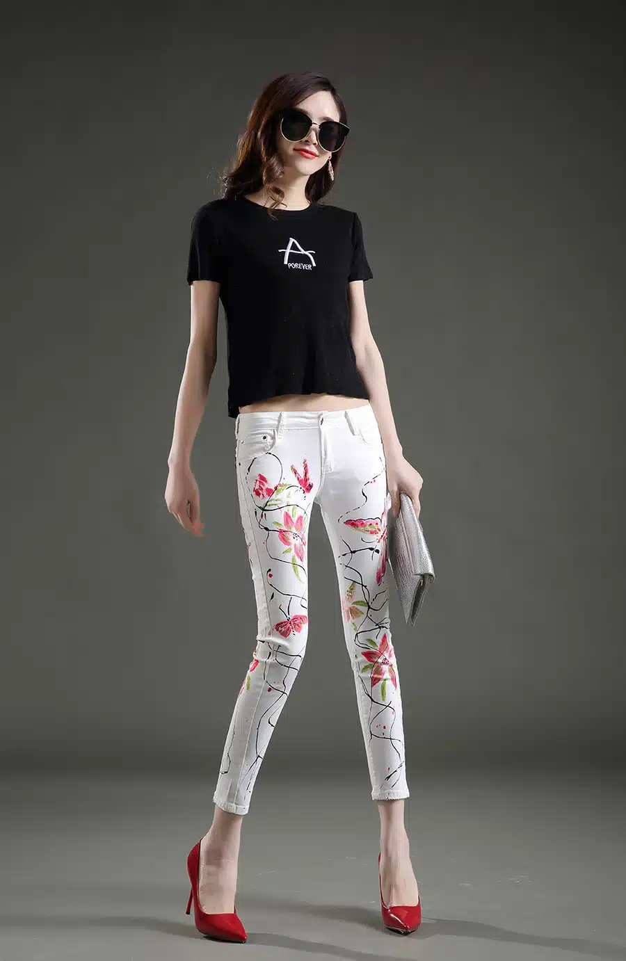 Dongdongta Women Young Girls Skinny Pencil Pants 2017 New Fashion Jeans Original Design Painted Ankle-Length Pants Summer Jeans 10
