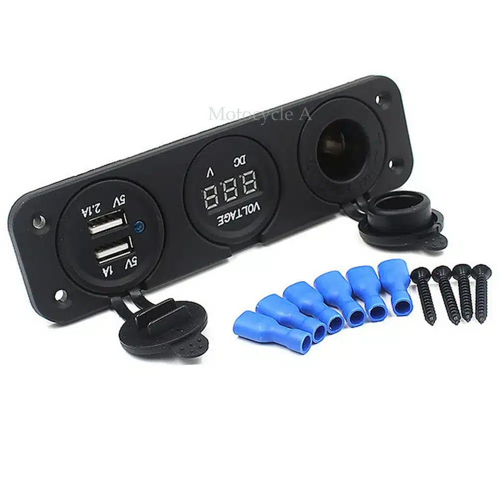 2017 Car Charger Motorcycle Plug Dual USB Adaptor+12V/24V Cigarette Lighter Socket Blue LED +Digital Voltmeter Mobile Phone 17