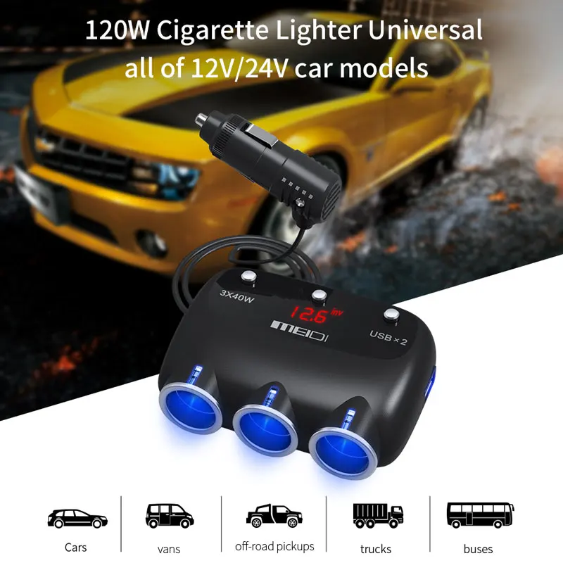 MEIDI Car Charger Cigarette Lighter 12V 120W Dual USB Car Charger Adapter Socket Splitter With Voltage LED Display for iPhone6 7 5