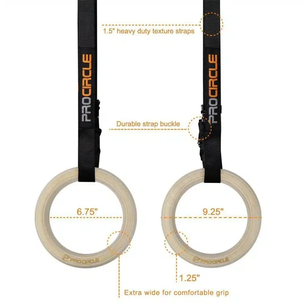 PROCIRCLE Wood Gymnastic Rings Gym Rings with Adjustable Long Buckles Straps Workout For Home Gym & Cross Fitness 10