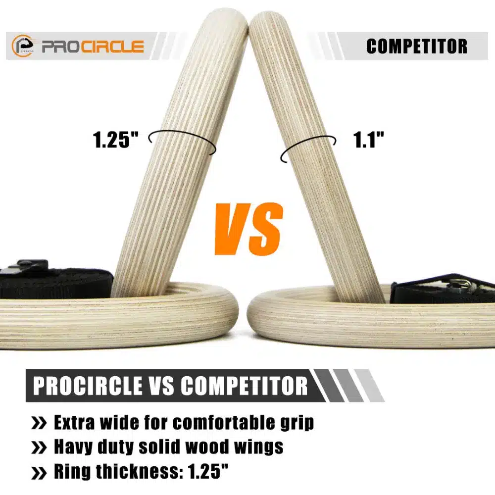 PROCIRCLE Wood Gymnastic Rings Gym Rings with Adjustable Long Buckles Straps Workout For Home Gym & Cross Fitness 12