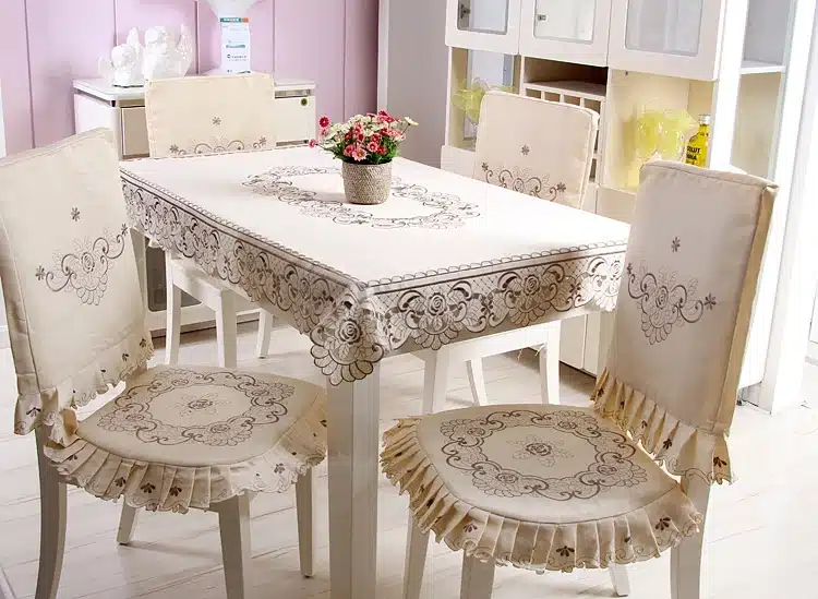 vezon Europe Polyester Satin Jacquard Embroidery Floral Tablecloth Solid Color Embroidered Table Linen Cloth towel Cover Overlay 9
