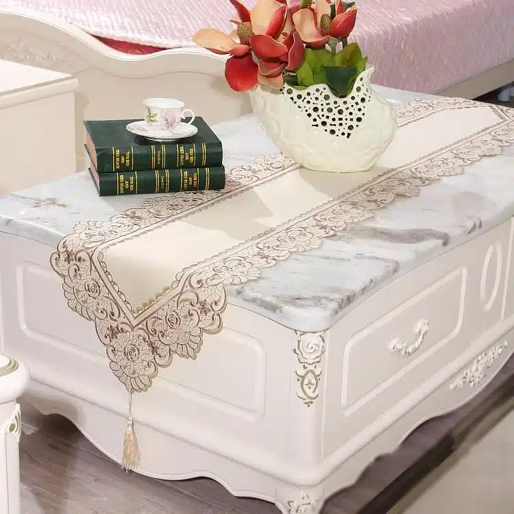 vezon Europe Polyester Satin Jacquard Embroidery Floral Tablecloth Solid Color Embroidered Table Linen Cloth towel Cover Overlay 10