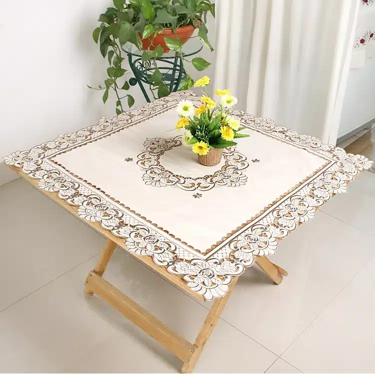 vezon Europe Polyester Satin Jacquard Embroidery Floral Tablecloth Solid Color Embroidered Table Linen Cloth towel Cover Overlay 11
