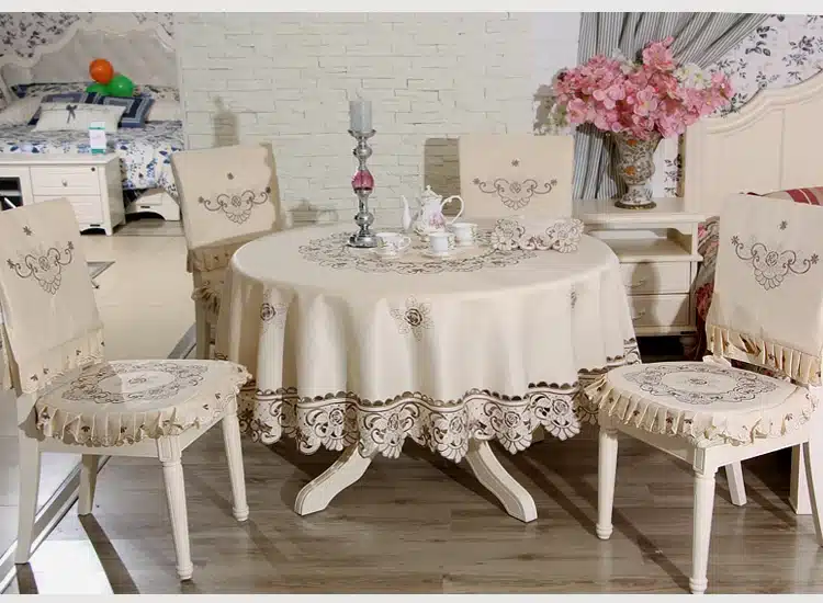 vezon Europe Polyester Satin Jacquard Embroidery Floral Tablecloth Solid Color Embroidered Table Linen Cloth towel Cover Overlay 14
