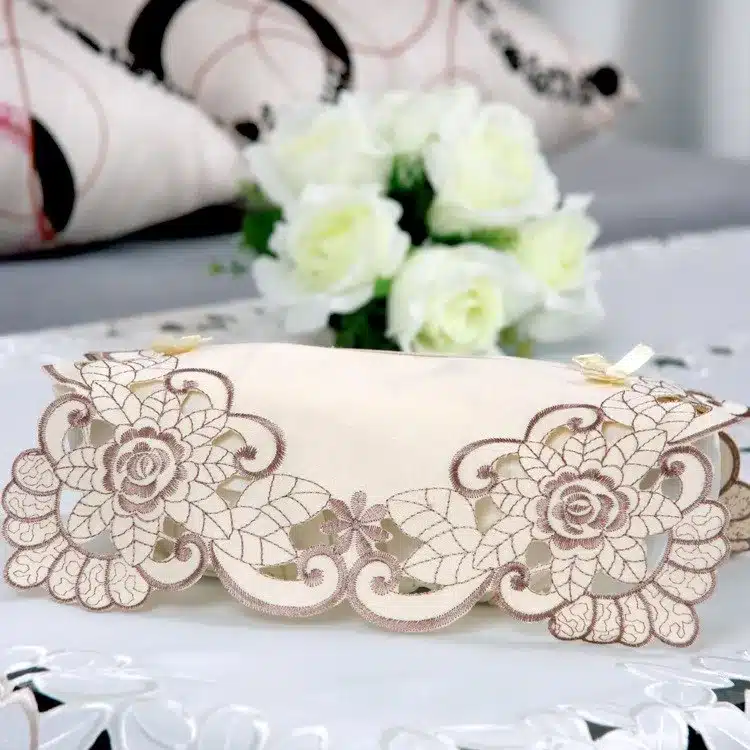 vezon Europe Polyester Satin Jacquard Embroidery Floral Tablecloth Solid Color Embroidered Table Linen Cloth towel Cover Overlay 15