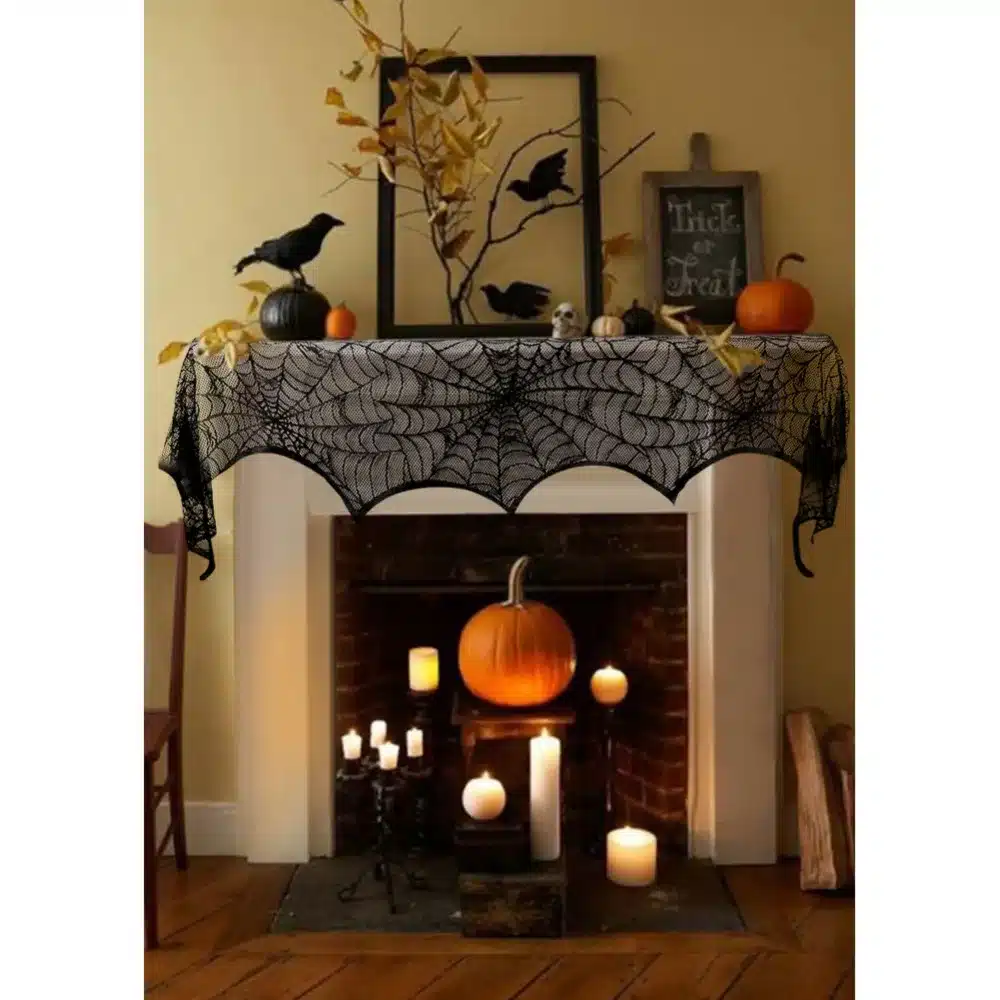 Ourwarm Halloween Party Supplies Fireplace Mantle Scarf Cover 243cm Black Lace Spiderweb Table Cloth for Halloween Decoration 4
