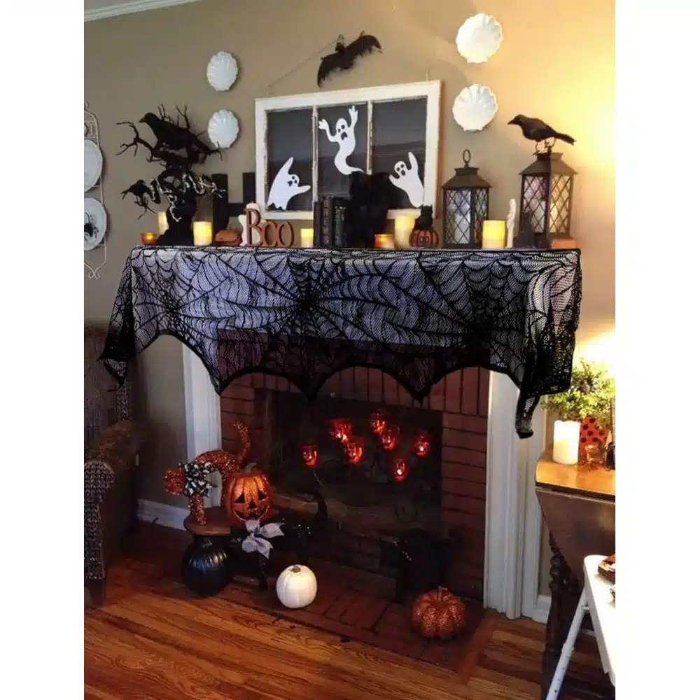 Ourwarm Halloween Party Supplies Fireplace Mantle Scarf Cover 243cm Black Lace Spiderweb Table Cloth for Halloween Decoration 5