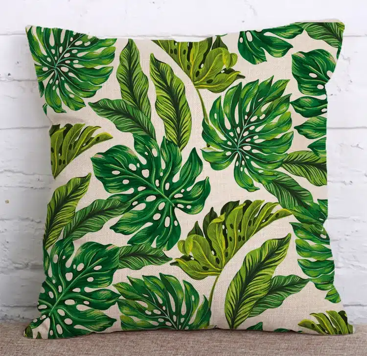 KYYZROZZZ Tropical Plants Green Leaves Monstera Cushion Covers Hibiscus Flower Cushion Cover Decorative Beige Linen Pillow Case 14