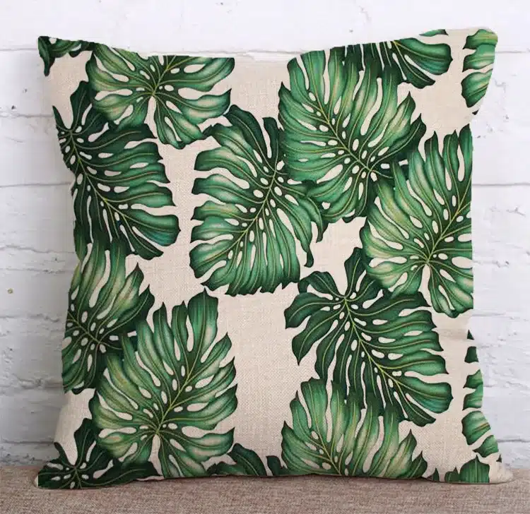 KYYZROZZZ Tropical Plants Green Leaves Monstera Cushion Covers Hibiscus Flower Cushion Cover Decorative Beige Linen Pillow Case 16